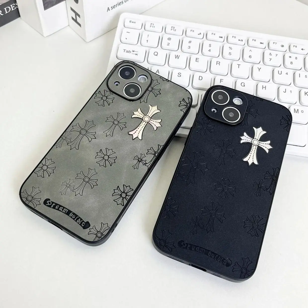Cross Logo Leather Smartphone Casing - Compatible with iPhone 17/16/15/14/13 Pro Max, iPhone 16/15 Plus - Luxury Plain Ultra-Thin Business Handheld Wireless Devices Cover (2024, 6.1in, Black)