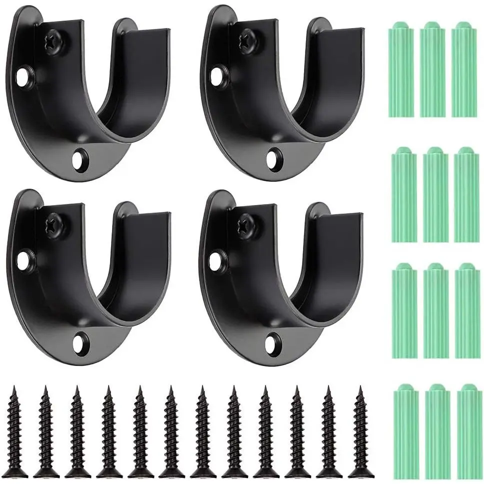 4 Packs Closet Rod End Supports 1-1/2" Diameter, U Shaped Stainless Steel Closet Pole Sockets Flange Rod Holder for Closet Wardrobe Shower Curtain (Black)