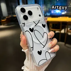 Heart - filled Pattern Pattern Magnetic Phone Case for iPhone 17 16  Pro Max Plus 15 14 13 12 11 Air E Anti-Yellowing Shockproof Lightweight Transparent Acrylic Large Hole Soft Cover Supports Wireless Charging