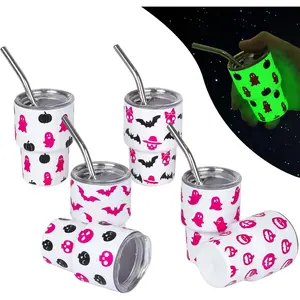 3 oz Glow In the Dark Sublimation Stainless Steel Mini Tumblers 6 count, Halloween Style Mini Shot Glasses with  and Straws, Glow In the Dark Cups for Drink  Bar Beach Party