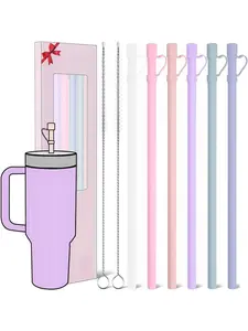 6 Pack Reusable Replacement 12 inch Long Silicone Straw With Cover, Stocking Stuffers Gifts for Women Men Teens Girls Boys, Compatible with Stanley Tumbler Cup Accessories 40 oz. 30 oz.