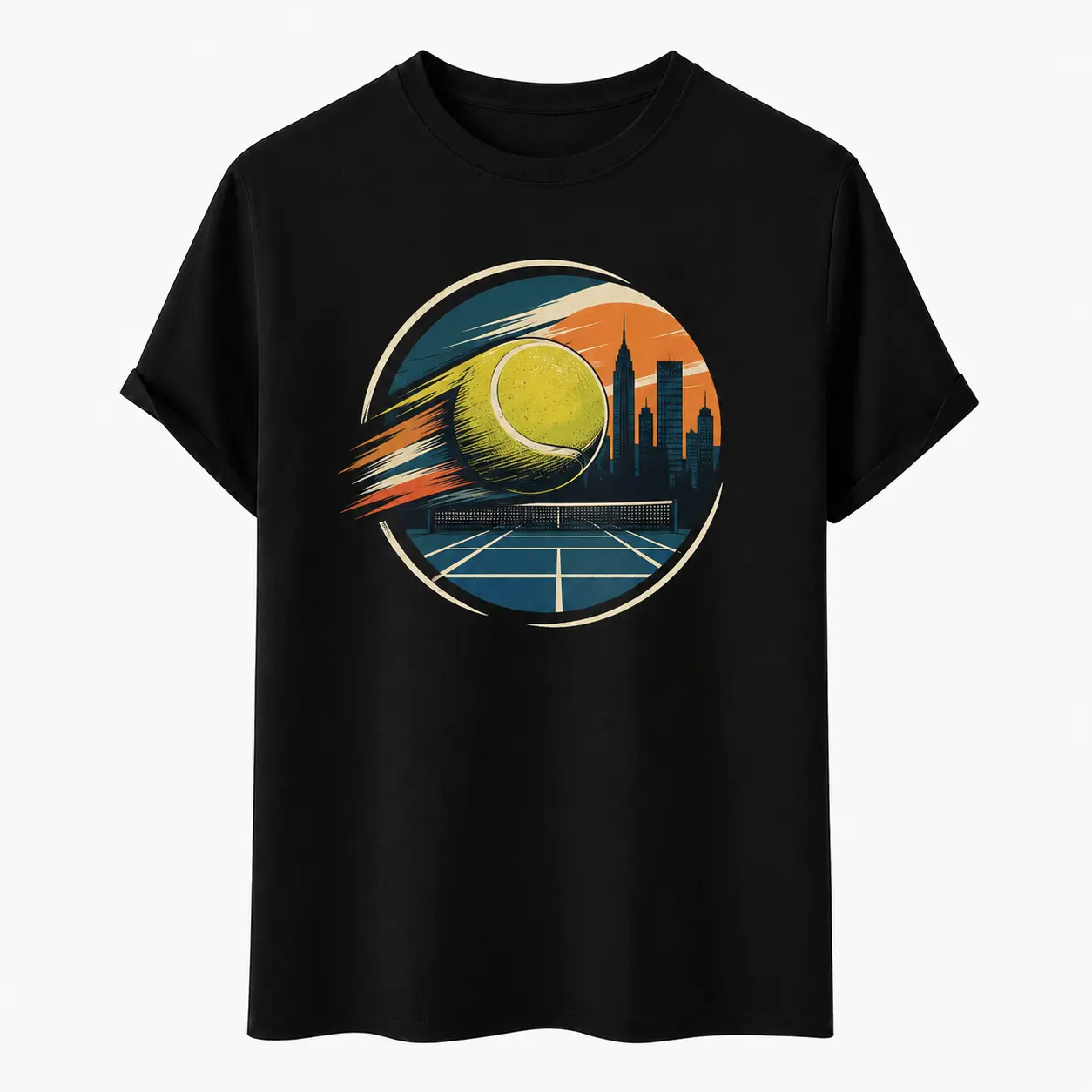 Urban Tennis Graphic T-Shirt for Women and Men, Vintage City Skyline Court Tee, Unisex Short Sleeve Crew Neck Sports Shirt for Tennis Players and Fans