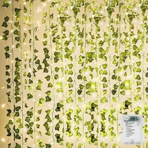 Artificial Ivy Garland Fake Plants 84Ft 12 Pack Vine Hanging Garland with CE Certified 80 LED String Light, Hanging for Home Bedroom Garden Party Wedding Wall Room Decor, Green