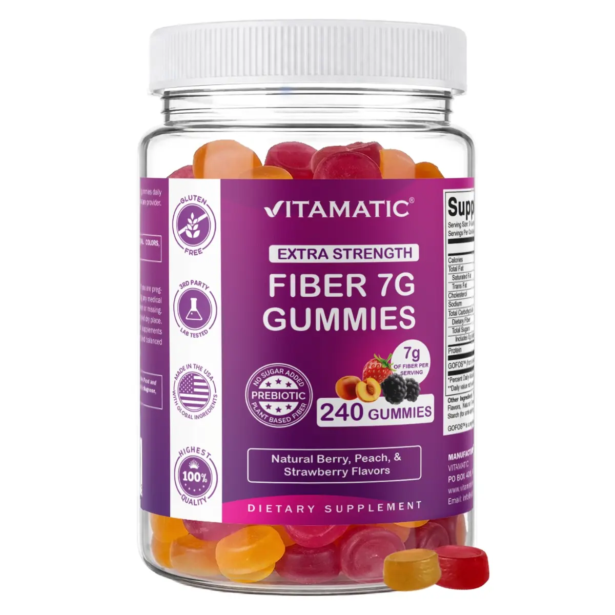 Vitamatic 7G Fruit-Pectin-Based Dietary Gummies - 240ct, Sugar-Free, Berry Mix Flavors, Non-GMO, Gentle on Gut, Free of Artificial Colors & Corn, 24-Month Shelf Life, Digestive Aid, Adult Supplement, Fiber Food Alternative, Free Of Corn
