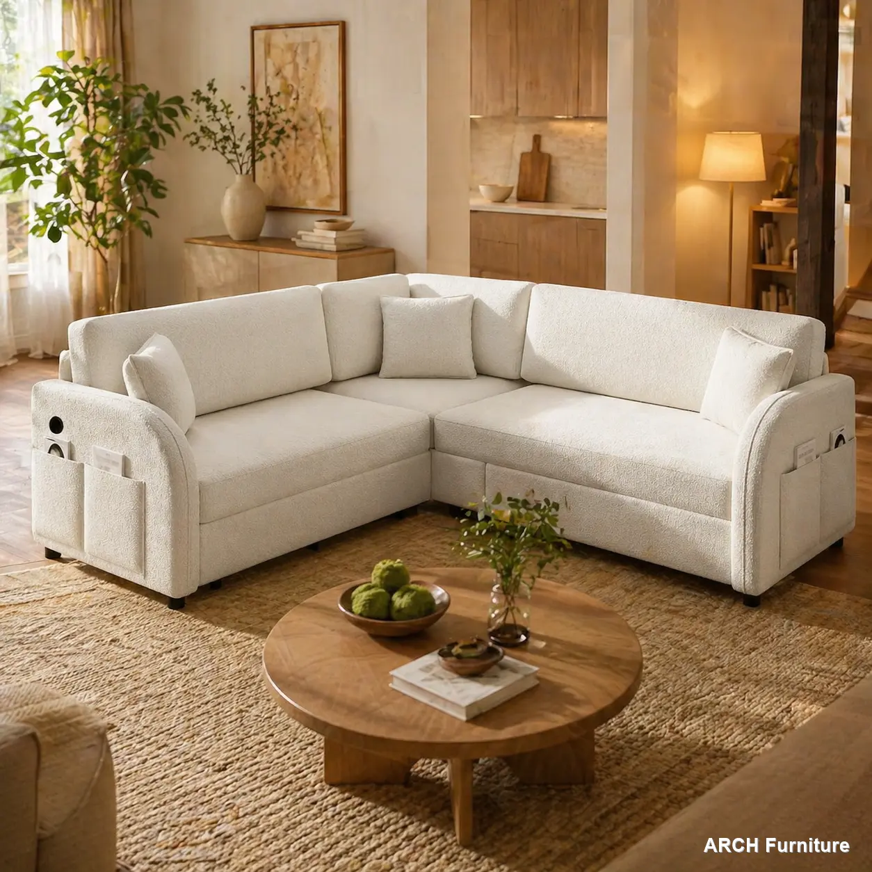 Oversized L-Shaped Modern Modular Sectional Sofa Bed, ARCH Teddy Fabric Convertible Couch with Pull-Out Sleeper, USB Charging Ports, Side Pockets, Beige White Indoor Furniture for Apartment Office, Modern Modular Sofa
