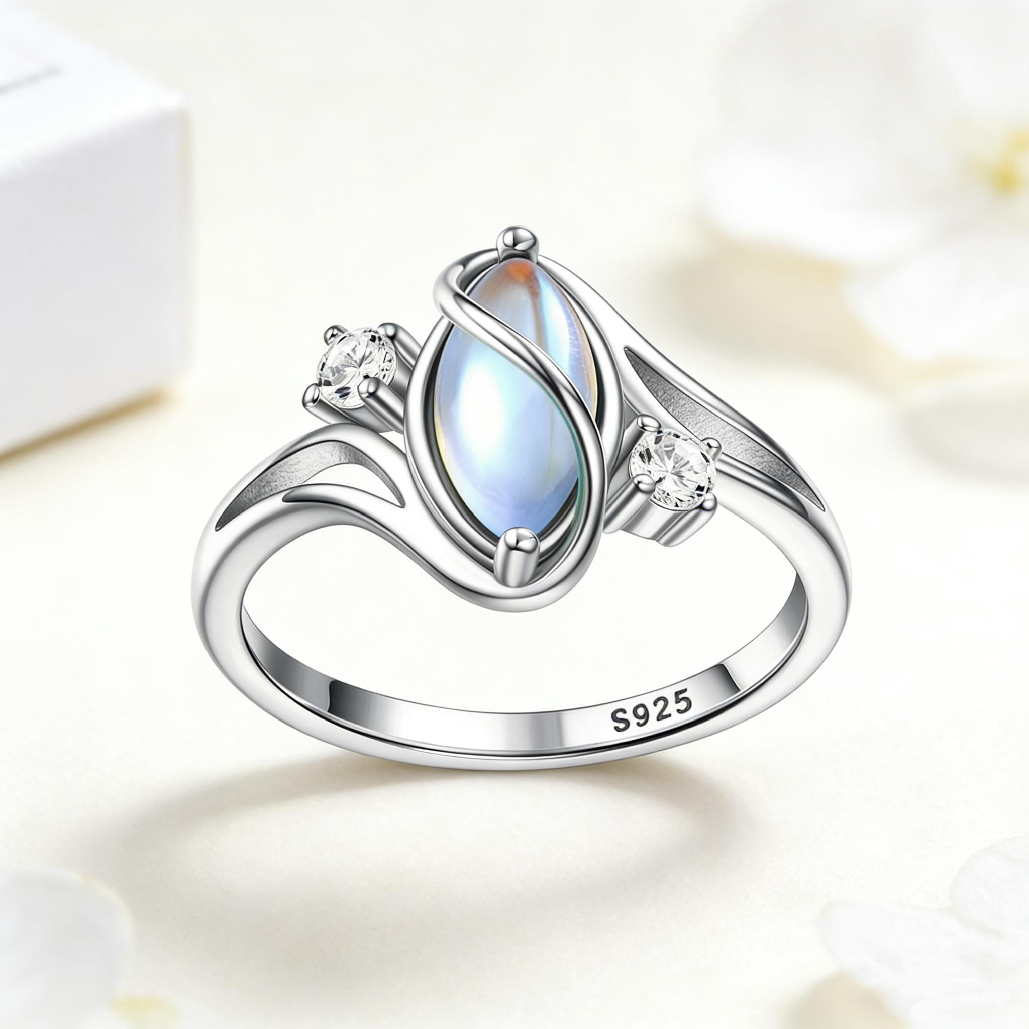 HXS 925 Sterling Silver Moonstone Ring That Glows Like Magic