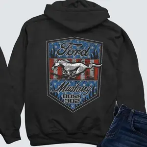 Ford Mustang Boss 302 Hoodie, Vintage American Flag Graphic Sweatshirt, Muscle Car Enthusiast Apparel, Classic Auto Fan Gift
