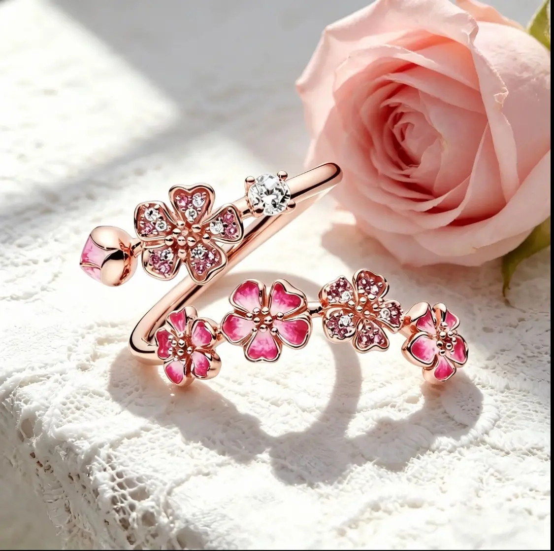 Peach Blossom Ring for Women, Pink CherryBlossom Adjustable Ring, Floral Open WrapBand Jewelry, Sparkling Cubic ZirconiaFlower Ring, Bridesmaid Wedding Jewelry,Minimalist Everyday Accessory, BirthdayAnniversary Gift for Her