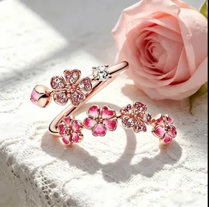 Peach Blossom Ring for Women, Pink CherryBlossom Adjustable Ring, Floral Open WrapBand Jewelry, Sparkling Cubic ZirconiaFlower Ring, Bridesmaid Wedding Jewelry,Minimalist Everyday Accessory, BirthdayAnniversary Gift for Her