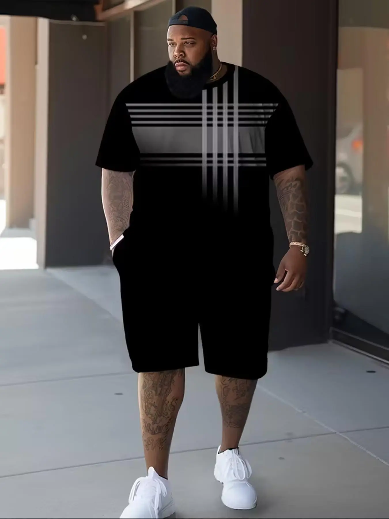 Men's Fashion Casual Plaid Print Short Sleeve Top Two-Piece Set, Loose-Fitting Geometric Pattern, All Seasons Wear, No Zipper