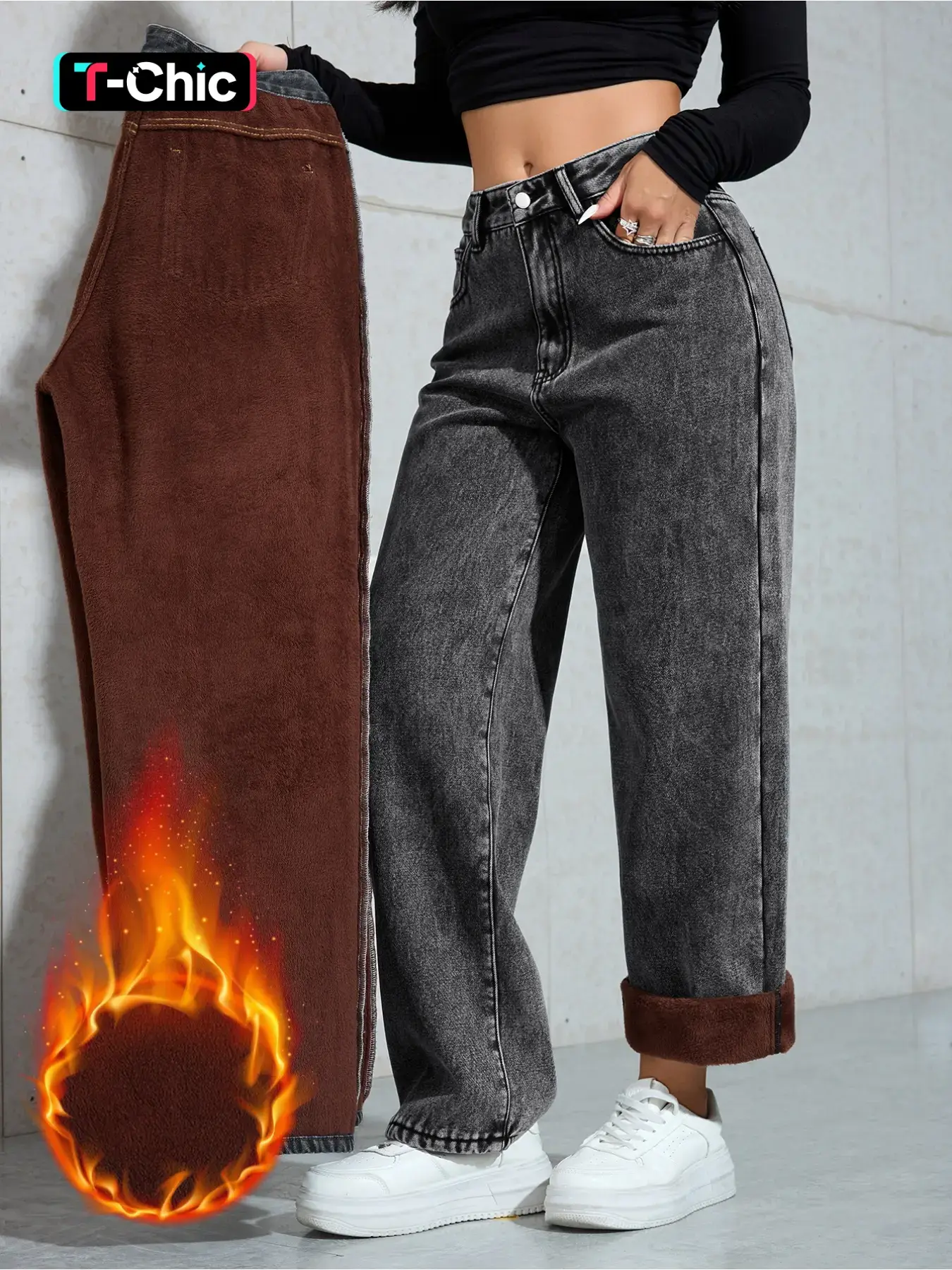Women's Plain Fleece-Lined Thick Jeans for Fall & Winter, Fashion Woven Fabric Straight Fit Denim Pants, High Rise Jeans