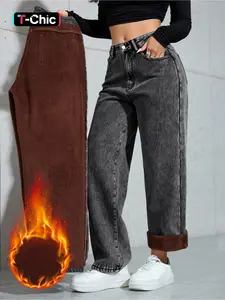 Women's Plain Fleece-Lined Thick Jeans for Fall & Winter, Fashion Woven Fabric Straight Fit Denim Pants, High Rise Jeans