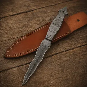 Hand Forged Damascus Steel Full Tang Utility Knife – Handmade Premium Tool with Leather Sheath