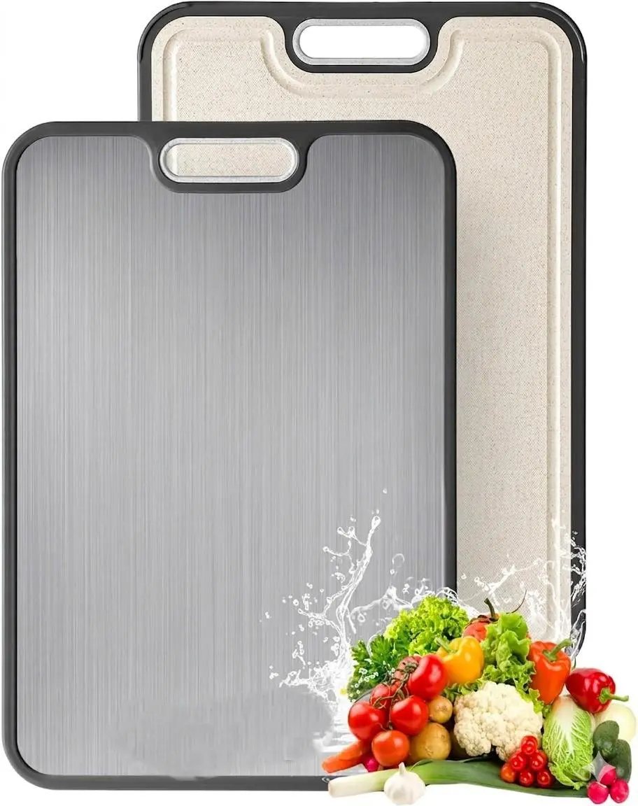 Food Grade Pure Titanium 2-in-1 Double-Sided Rectangular Titanium-Plastic Chopping Board - Non-Toxic, Knife-Friendly, Easy-to-Clean, Large Size 15”×10.3” Kitchen Cutting Board for Meat Cutting