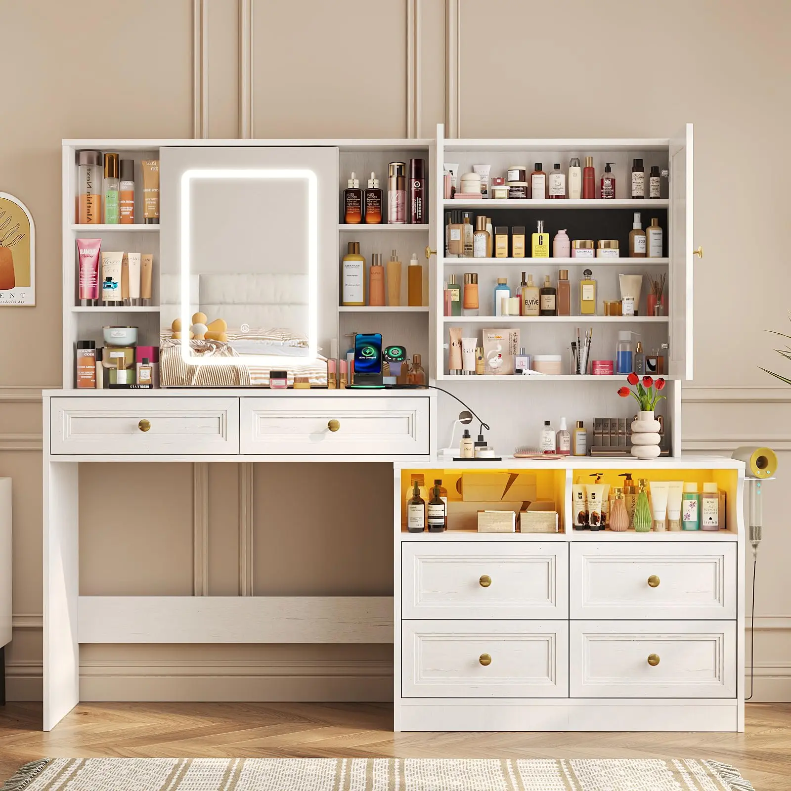 [Summergarden] Vabches 58.6" Large Vanity Desk with Sliding Mirror & Lights, Black Makeup Vanity Table & Nightstand Combo with Power Outlet and 6 Drawers 15 Shelves with Light Strips for Bedroom Dressing Room, Led Vanity Dresser, Vanity Desk Design