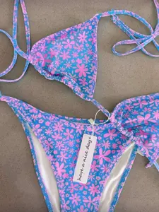 Summer New Unique Fresh Floral Bikini Halter Swimwear Triangle Bikini Top Triangle Cup Beach Vacation Hot Spring Sexy Slim Fit Fashion Versatile Comfortable Swimsuit