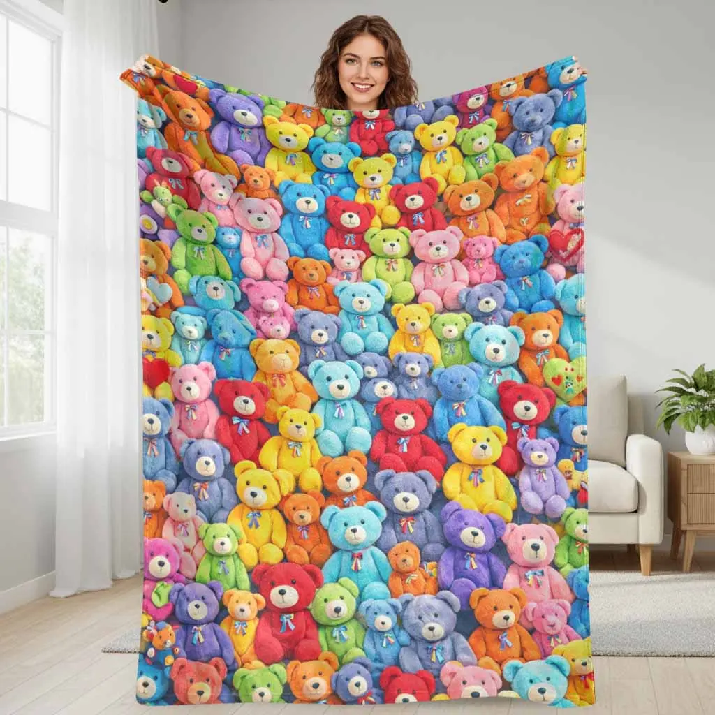 Summerwins Colorful Teddy Bear Flannel Blanket - Rainbow Plush Print, Breathable Soft, Soft Lightweight, Cozy Warm Decorative Throw for Sofa, Bedroom, Gift Use, Breathable Soft Blanket, Soft Lightweight Blanket