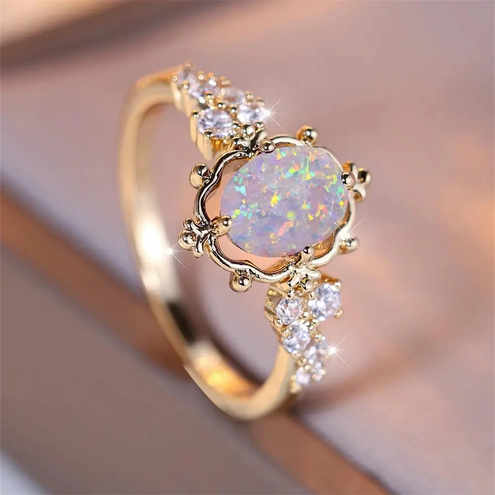 Women's Vintage Gold Flower Ring, White Fire Opal Oval Colored Stone Birthstone Antique Jewelry for Bridal Wedding Engagement Gift, Birthstone Rings, Antique Rings