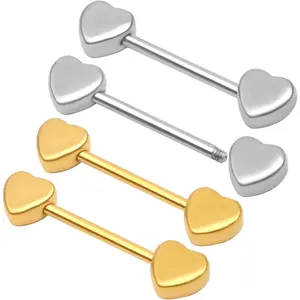 2 Pairs 14G Nipple Rings Minimalist Love Hearts Nipplerings Tongue Rings Stainless Steel Straight Barbells Bridge Piercing Jewelry for Women Men (Gold and Silver)