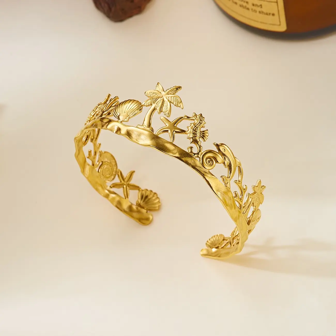 18K Gold Plated Ocean Scene Open Cuff Bangle - Palm Tree, Dolphin, Starfish, Seahorse, Seashell Carved - Waterproof, Stackable Beachcore Mermaidcore Jewelry Gift for Summer Hawaii Vacation