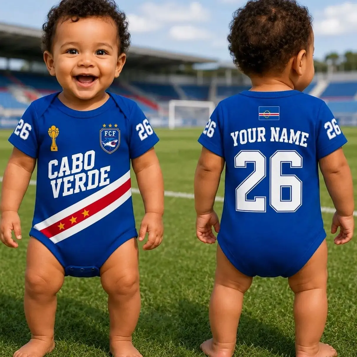 Personalized Cape Verde Soccer Baby Bodysuit, Custom Name Number Football Outfit VM3