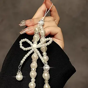 Fashion pearl bow mobile phone strap keychain with phone case creative bead camera wristband accessories