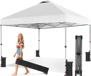 10x10 Pop Up Canopy Tent, 1-Person One Push Instant Setup Heavy Duty Outdoor Shelter with Wheeled Carry Bag, 3 Adjustable Heights for Beach, Camping, Party (Blue/White/Gray) – Outdoor Canopy