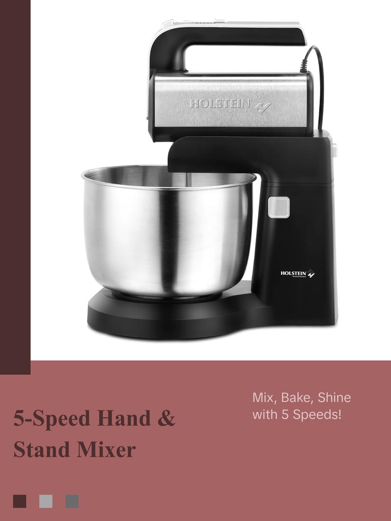 Holstein Housewares 5-Speed Hand and Stand Mixer with LED Light & 2.9QT Stainless Steel Bowl for Versatile Kitchen Use