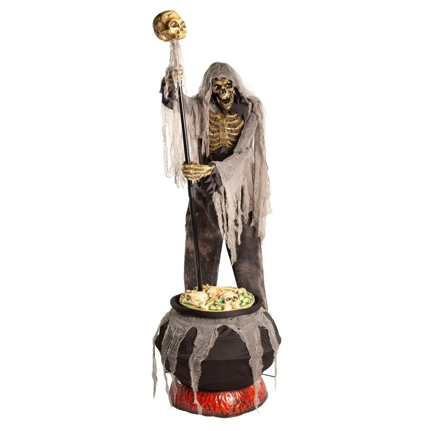 Animated Light-Up Skeleton Stirring Cauldron Halloween Decoration, 6 Ft. 7"
