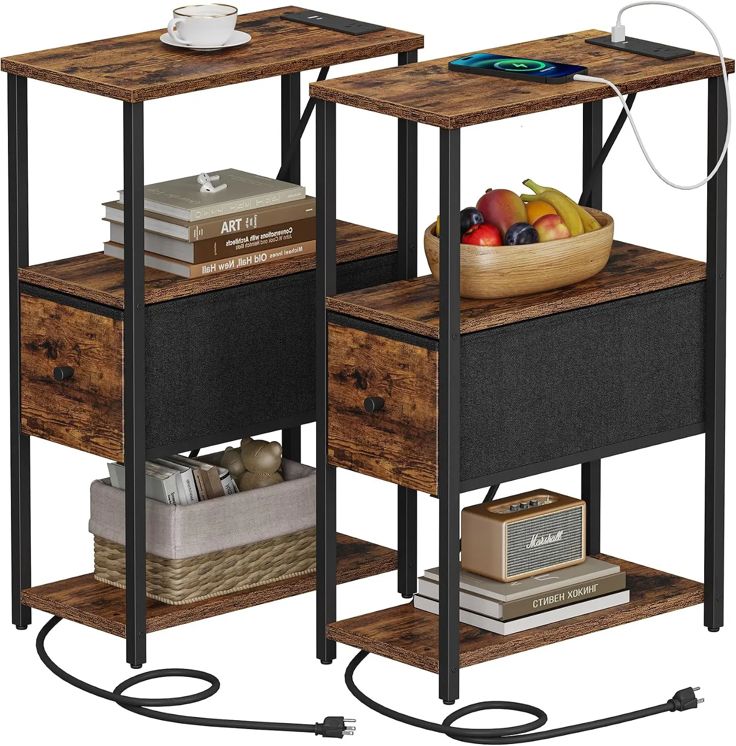 TUTOTAK Set of 2 Small Narrow End Table Nightstand with Charging Station, Charging Ports, MDF Wood, Easily Built for Modern Home Decor