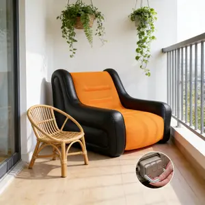 1pc Adult Double Flocked Auto Inflatable Sofa, Built-in 2600mAh Battery Pump, One-click Inflate Deflate, Armrest Foldable Recliner for Home Camping Music Festival Picnic Travel, Lightweight Portable Lazy Lounge Leisure Furniture Gear