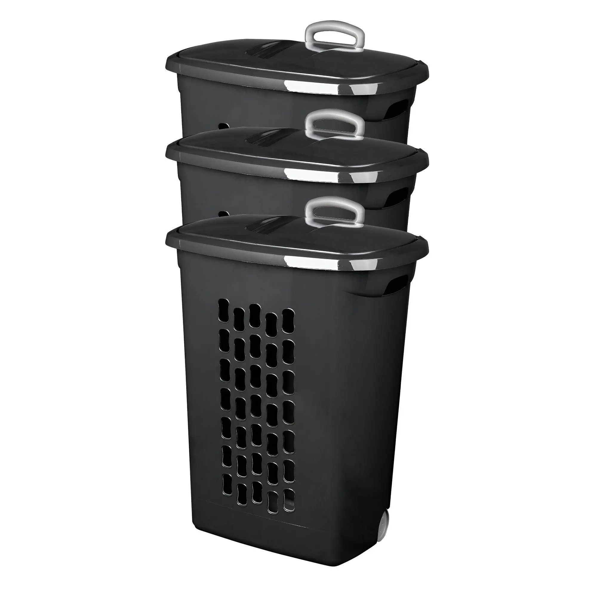 Sterilite Ultra Wheeled Laundry Hamper, Plastic Clothes Bin, Black, 3 Pack