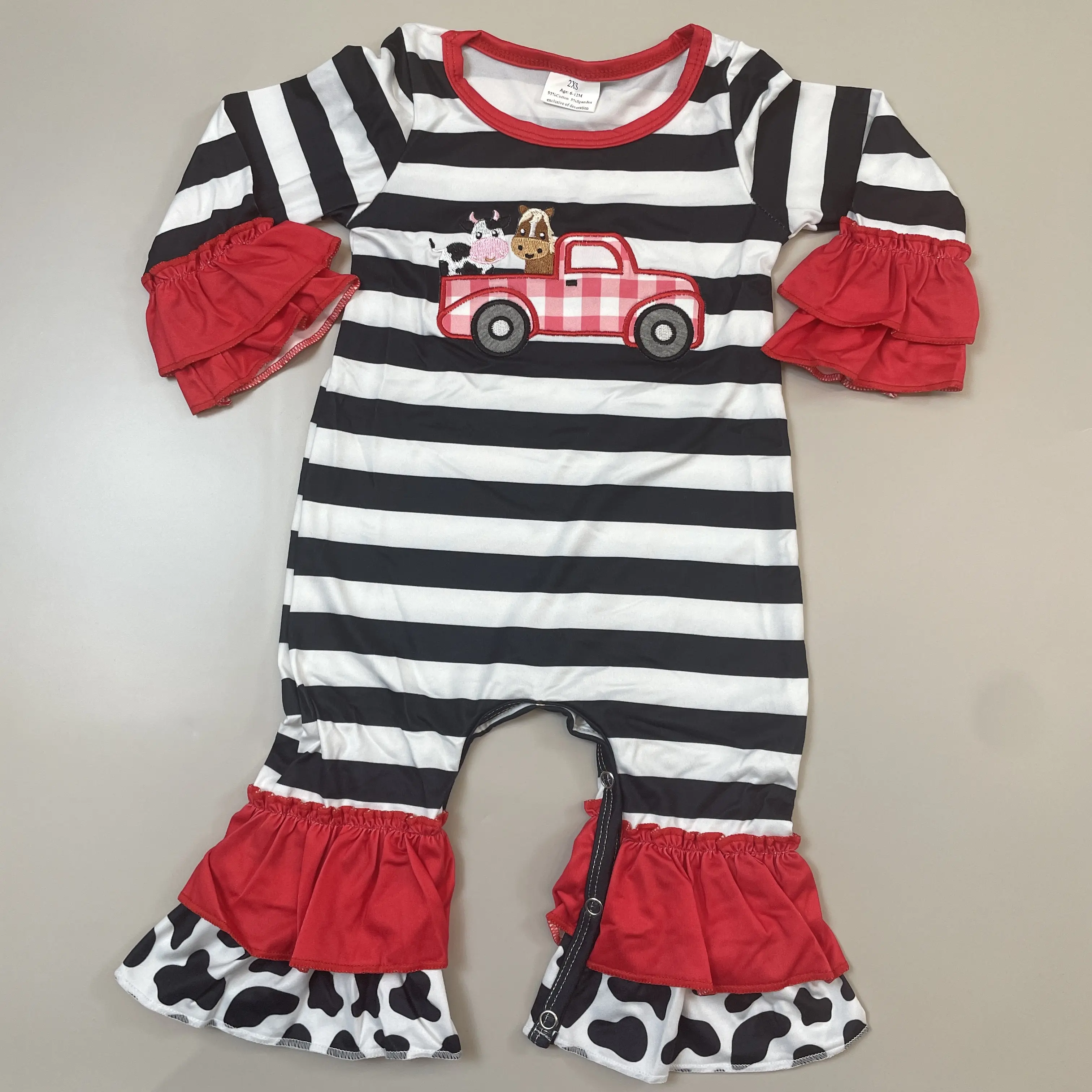 Baby Girl Bodysuit Outfit, High Quality Cow Print & Red Truck Farm Romper with Long Sleeves and Ruffles, Cotton Elastane Newborn Onesies Set, Chain, Drop Shoulder, 2T, Farm Truck, Ruffle Onesie, 0 - 3 Months