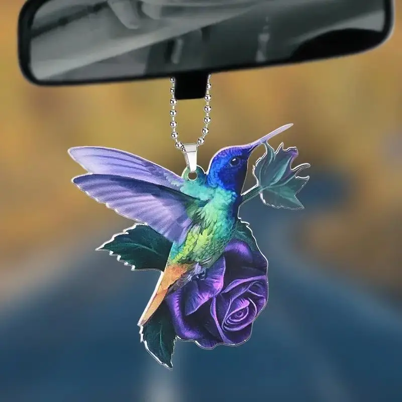 Color Block Hummingbird & Rose Design Pendant, Car Rear View Mirror Decoration Accessories