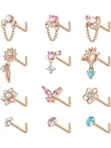 12 Pcs 20G Dangle Nose Rings Studs for Women Stainless Steel L Shaped Nose Rings Heart Flower CZ Snowflake Butterfly Dangling Nose Piercing Jewelry