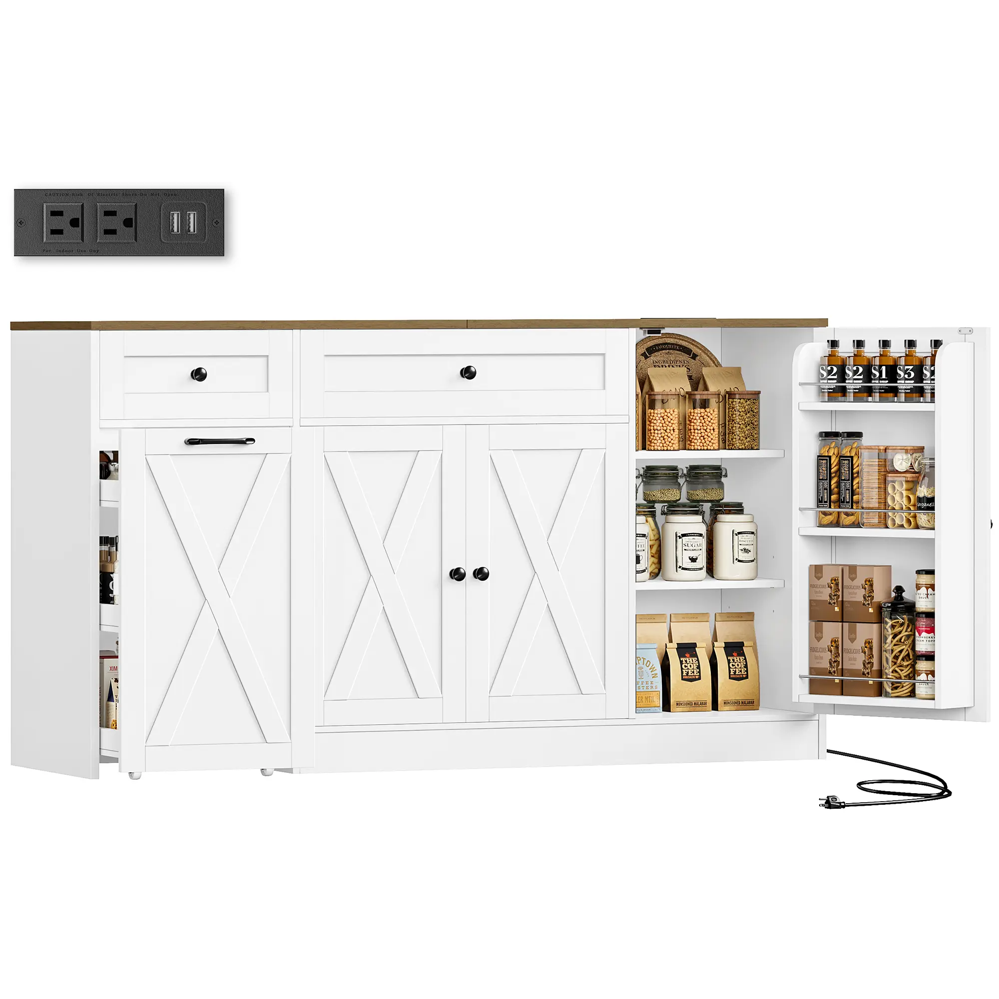 【2 Packages Shipping】HOSTACK 59" Multifunctional Sideboard with Charging Station, Rolling Buffet Cabinet with Drawers, Farmhouse Kitchen Storage for Dining Room