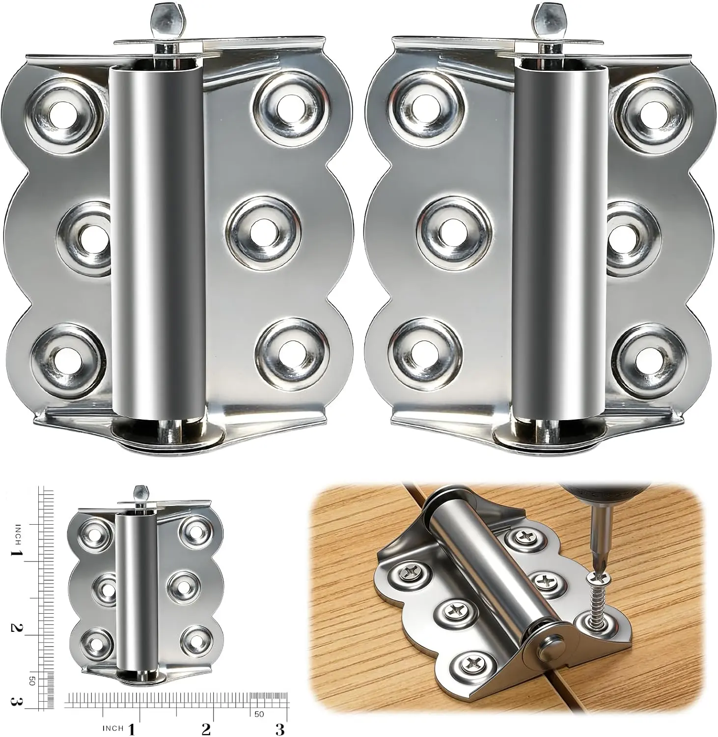 GJANSH 2 Pack Heavy Duty Self-Closing Spring Hinges for Screen Doors, Stainless Steel Silver Exterior Door Hinges, Automatic Close Gate Hinge for Storm Wood Fire Doors with 12 Screws (Classic Fixed Tension)