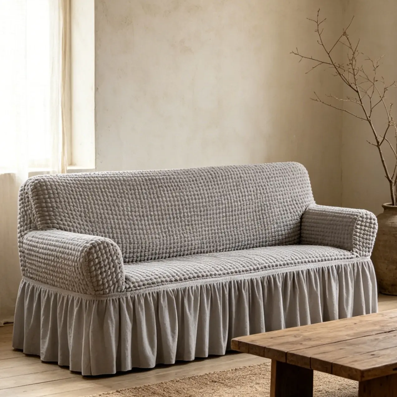 1 Pc Seersucker Sofa Slipcover - High Elastic Stretchable Full Coverage Furniture Saver Slipcover Set, Machine Washable Durable All-Season Couch Cover, Light Gray, Furniture Saver Slipcover Sets