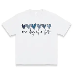 Women's Light Blue "One Day at a Time" Letter Print T-Shirt - Short Sleeve Crew Neck Casual Top with Heart Accents, Breathable Summer & Spring Tee, Machine Washable, Casual Attire, Playful Graphic Shirt, Comfortable Fit Shirt Printed Love Tshirt Cotton