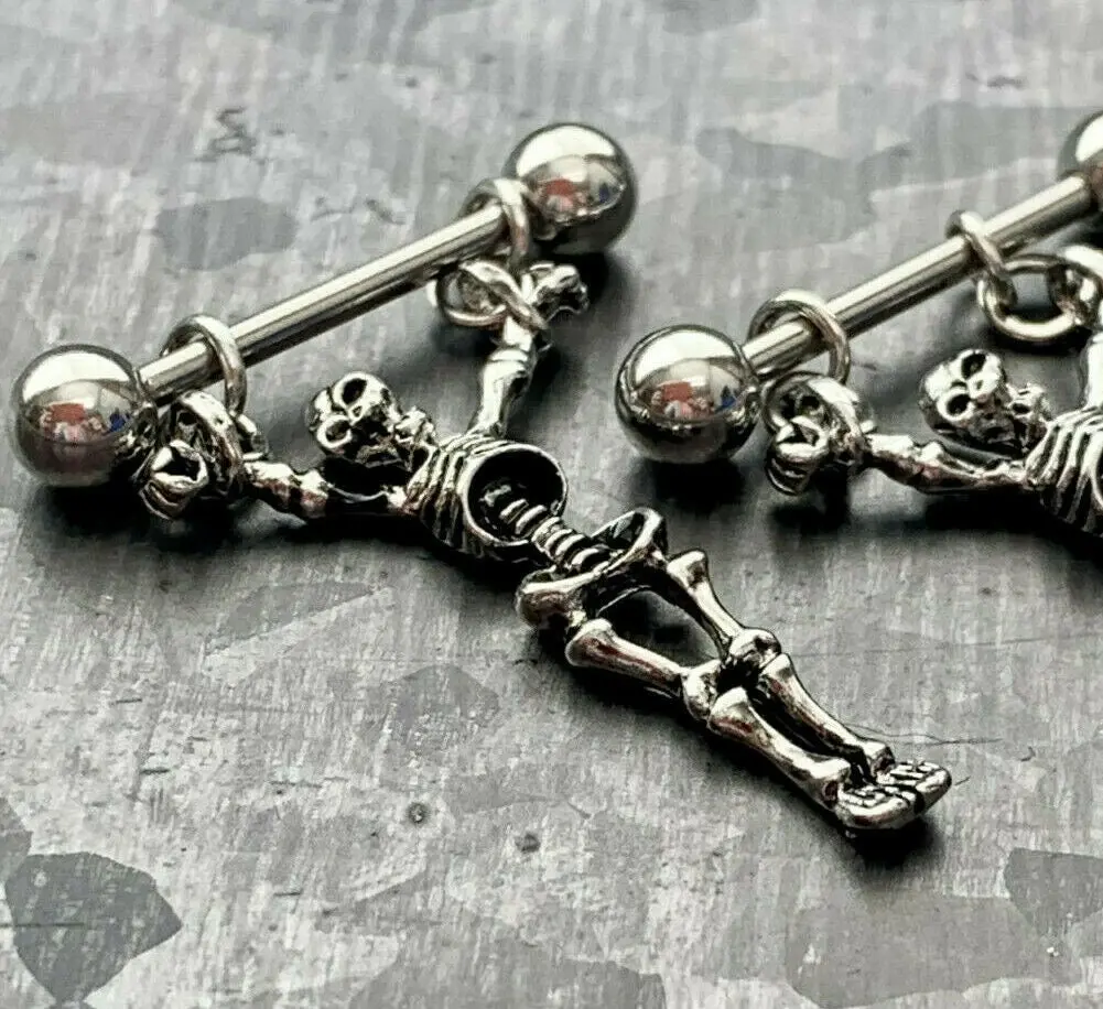 PAIR of Unique Dangling Skeleton Design Steel Nipple Barbells / Shields / Rings