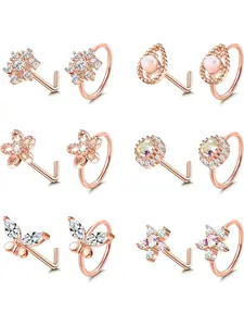 12 Pcs 20G Surgical Steel Nose Ring Hoop for Women Men L Shaped Nose Ring Stud Set Cartilage Hoop Earrings Set Paved CZ Flower Nose Piercing Jewelry Rhinestone Nose Ring Silver/Gold/Rose Gold/Black