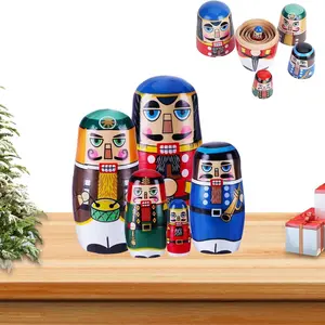 Handmade Russian Nesting Doll Set of 5, Unique Wooden Hazelnut Clip Statue, Christmas Decoration, Holiday Gift and Collection