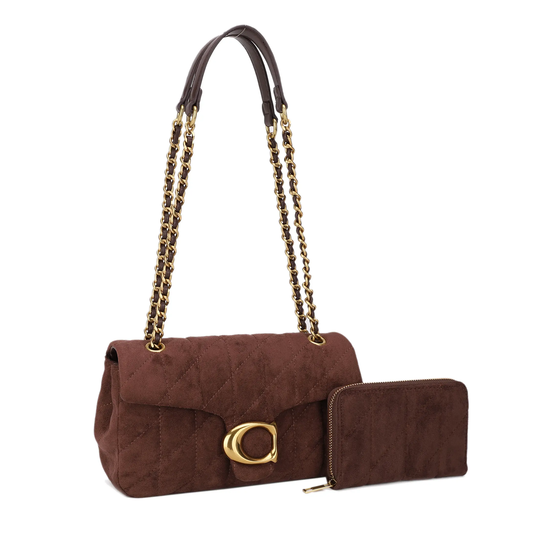 (new)Victor Womens Quilted Shoulder Bag and Wallet Set, Chain Strap Flap Crossbody Purse