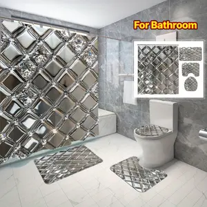 1/4pcs Silvery diamond - like pattern Shower Curtain Decorative, Complete with Non-slip Mat, Toilet Lid Cover & U-Shape Rug-Elegant Bathroom Decor for Home and Hotel Use