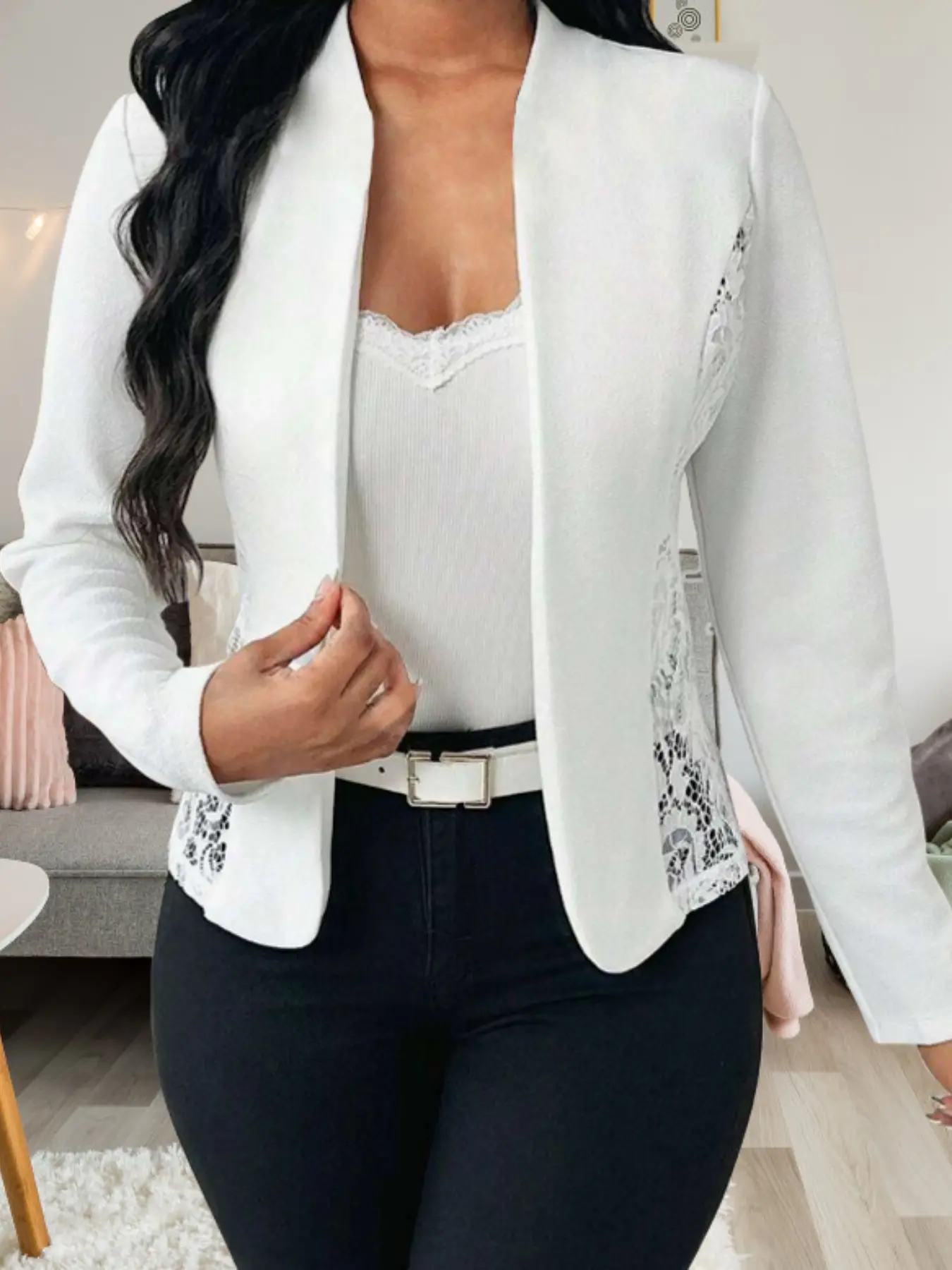 Women's Lace Patchwork Cardigan Blazer Outerwear, Trendy Blazer, Lace Panel Blazer, Lady, Piece, Womenswear, Long Sleeve, Side Lace Detailing, Slim Fit, Business Attire Clothes, Office Wear, Perfect for Commuting, Dates, Slightly Formal Occasions