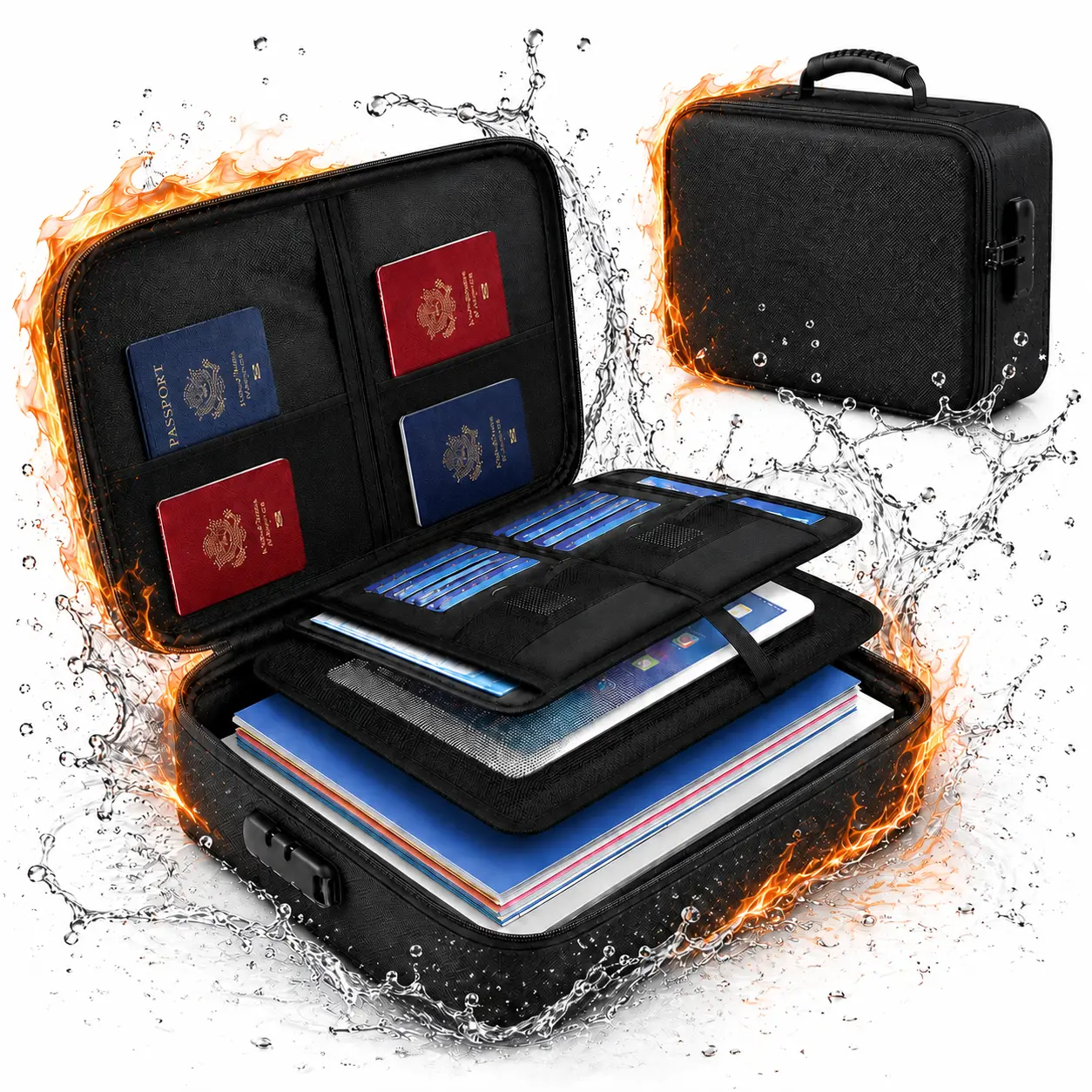 Fire-Resistant Document Bag with Lock, 3-Layer Water-Resistant File Organizer, Silicone-Coated Portable Storage Case for Home, Office & Travel, 3-Layer Design, Travel/Office, Business, Multi-Layered, Lock System, Soft Sided