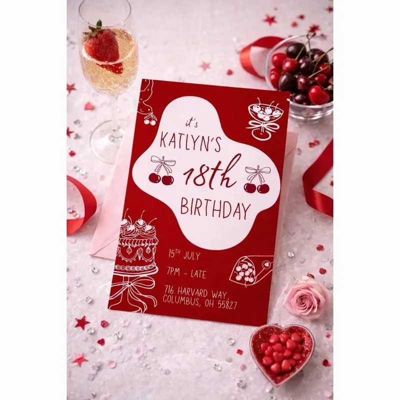 Cherry 18th Birthday Invitation Red Sweet 18 Party Invite for Girls Custom Printed Invitations High-Quality Cardstock Vibrant Professional Printing Optional Envelopes Available
