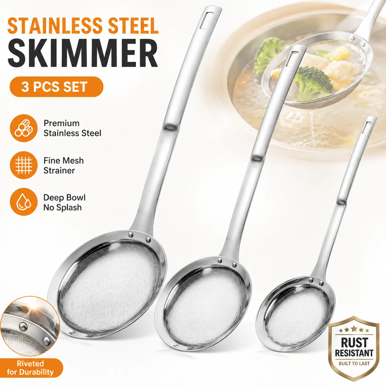 Stainless Steel Fine Mesh Skimmer Spoon - Kitchen Utensils, Cooking Accessories, Stainless Steel Kitchenware Set for Oil, Grease & Foam Straining in Cooking