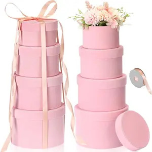 8 count Round  Boxes with Lids for Presents  Nesting Gifts  Boxes 4 Assorted Sizes with 1 Roll Ribbon for Wedding Birthday Party Decoration(Pink)