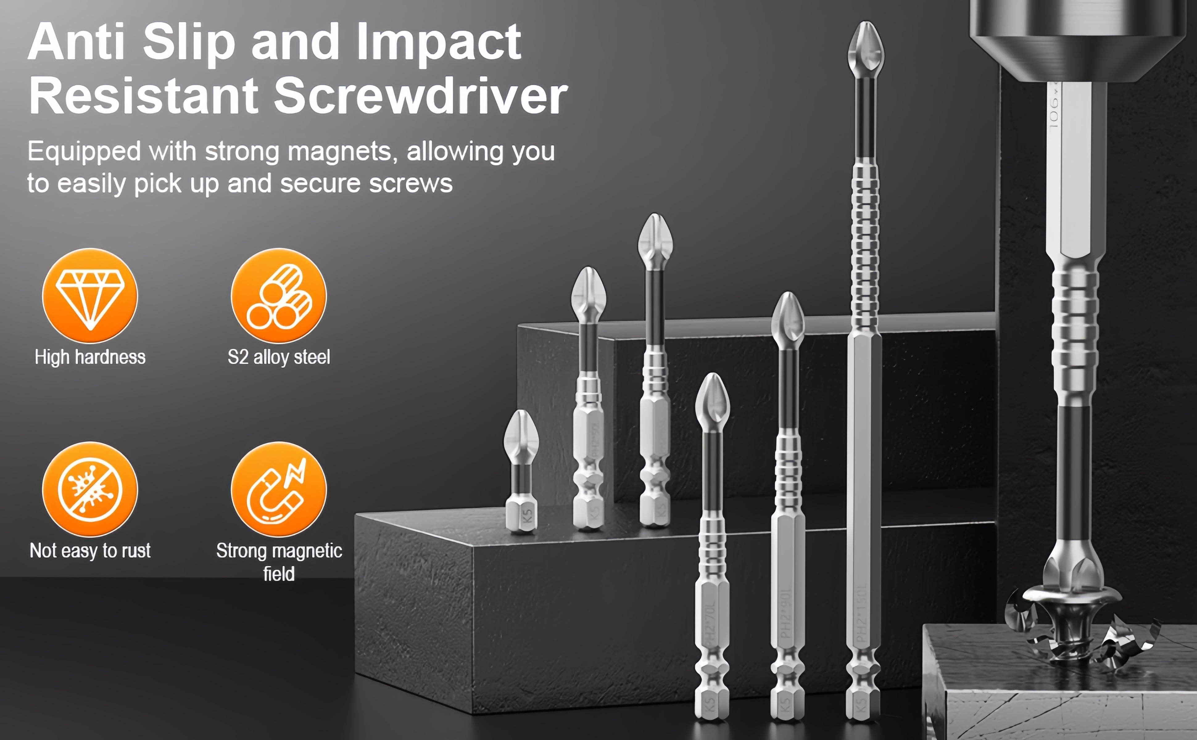 K5 Anti Slip Bit,K5 Impact Resistant Non SlipBit,High Magnetic Screwdriver Drill Bit Set,Anti Slip Ph2 Impact Driver Set,Non Slip Screwdriver Bits